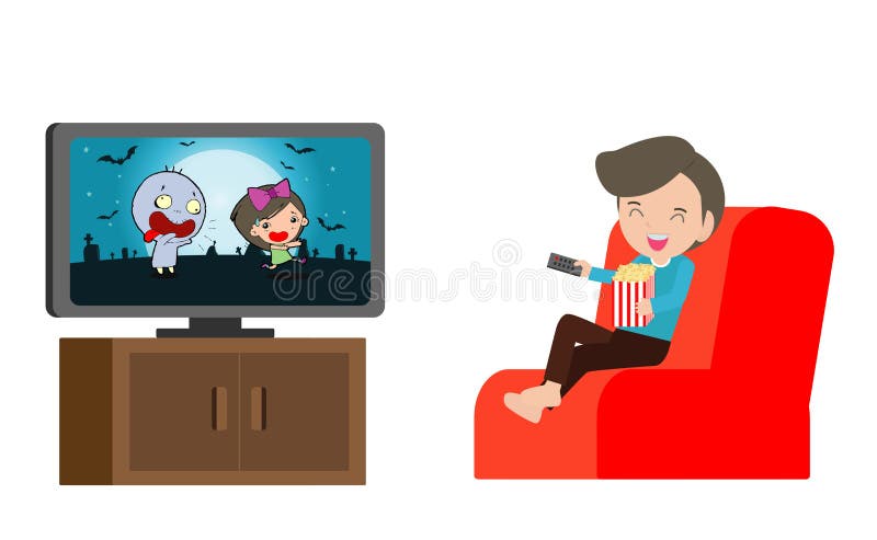 Dziecko ogląda TV, chłopiec ogląda telewizja odizolowywającą wektorową ilustrację