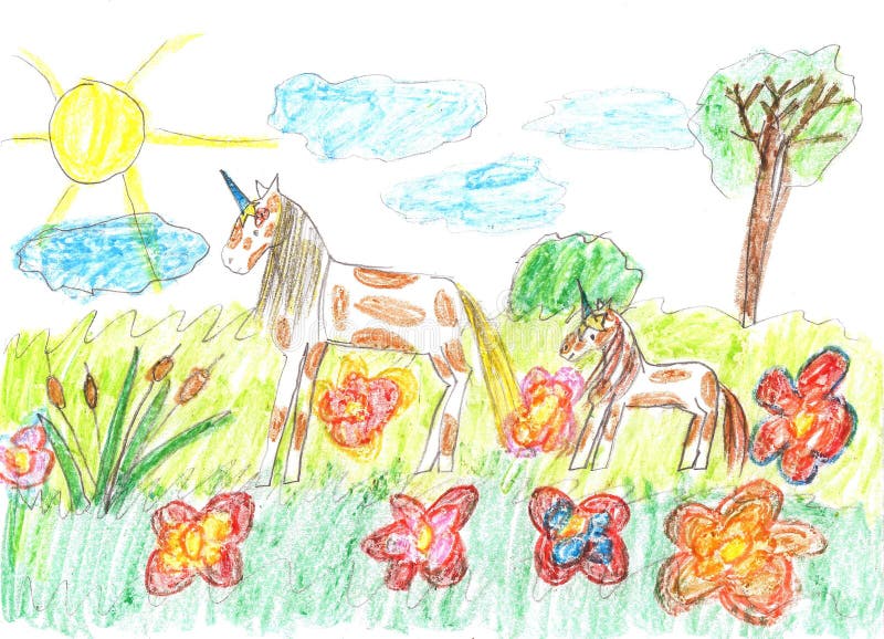 Dziecko Rysunek Bajki Jednorożec Pasa Na łące Ilustracji