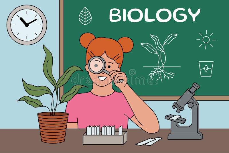 Dziewczyna bada mikroorganizmy i rośliny pod mikroskopem. wektorowa ilustracja uczennicy na lekcji biologii w royalty ilustracja