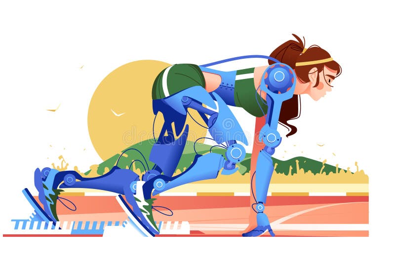 Dziewczyna biegacz robot gotowy do rozpoczęcia na torze ilustracji