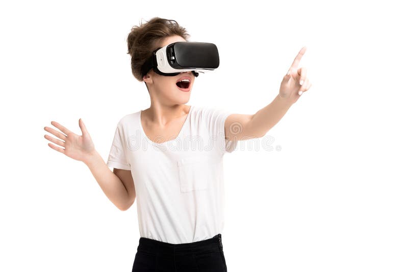 Dziewczyna dostaje doświadczenie używać VR szkła rzeczywistość wirtualna zdjęcia stock