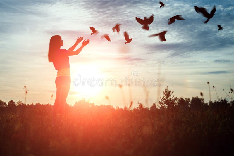 Dziewczyna modli się, bawiąc się naturą w pięknym zachodzie słońca Koncepcja nadziei, wiary, religii Stado much