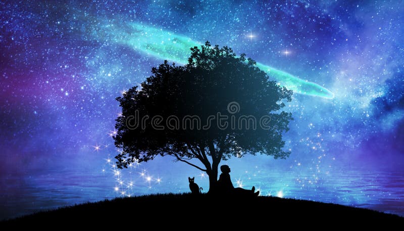 Dziewczyna oglądająca gwiazdy w nocnym niebie krajobraz fantazji