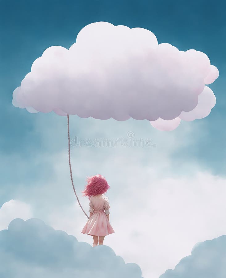 Dziewczyna trzymająca białą, fluffy chmury z sznurkiem jak balon generujący ilustrację ai ilustracja wektor