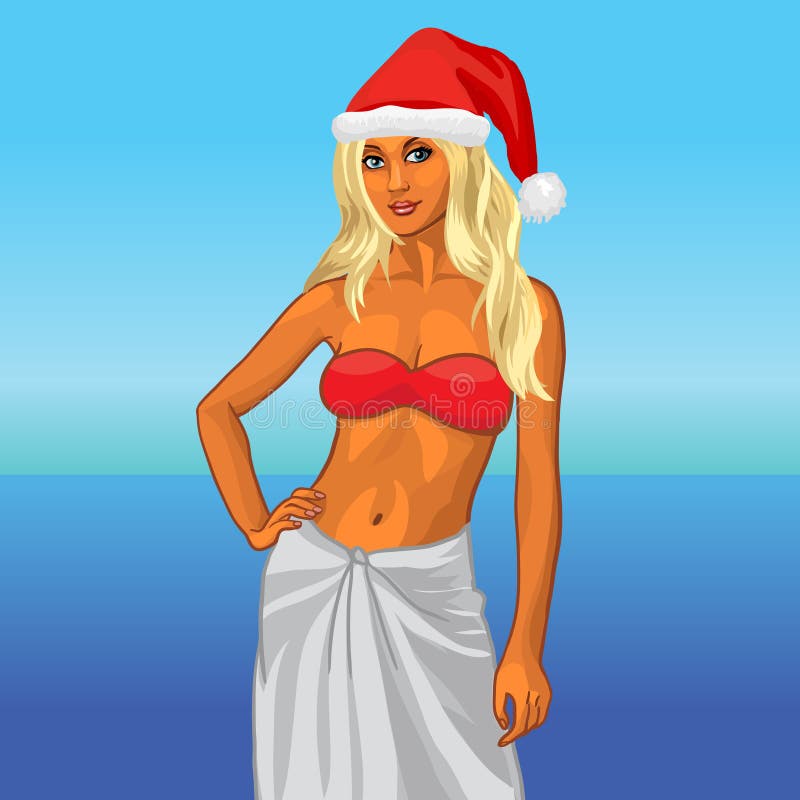 Dziewczyna w czerwonym bikini i Santa kapeluszu na plaży ilustracji Dziewczyna w czerwonym bikini i Santa kapeluszu na plaży ilustracji