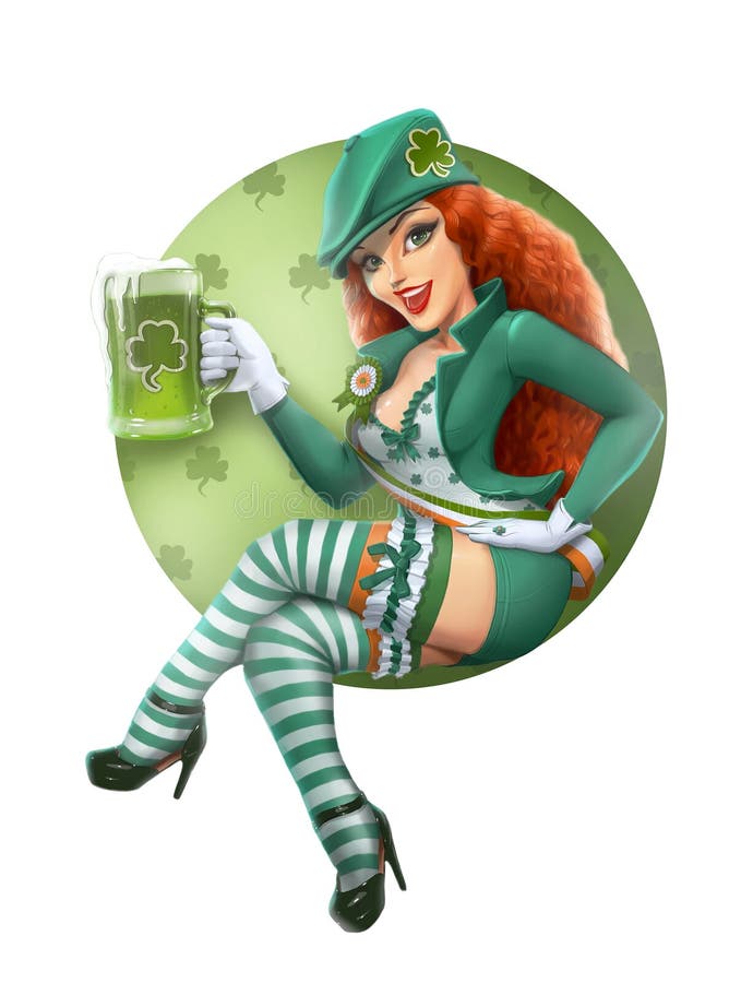 Dziewczyna w leprechaun kostiumu z piwem. Świętego Patrick dzień.