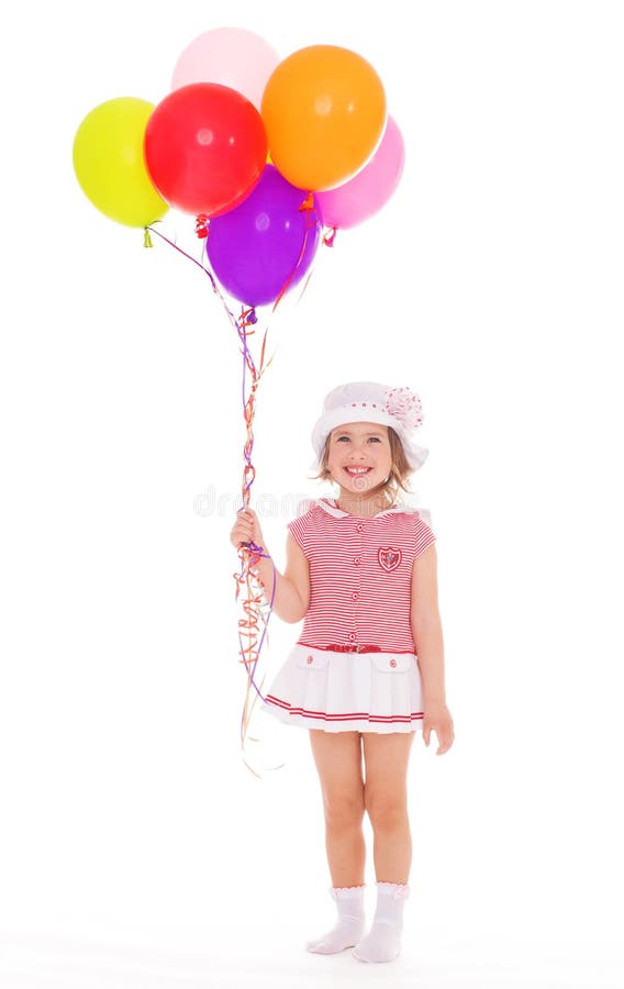 Summer holidays, celebration, family, children and people. girl with colorful balloons.Isolated on white background. Summer holidays, celebration, family, children and people. girl with colorful balloons.Isolated on white background.