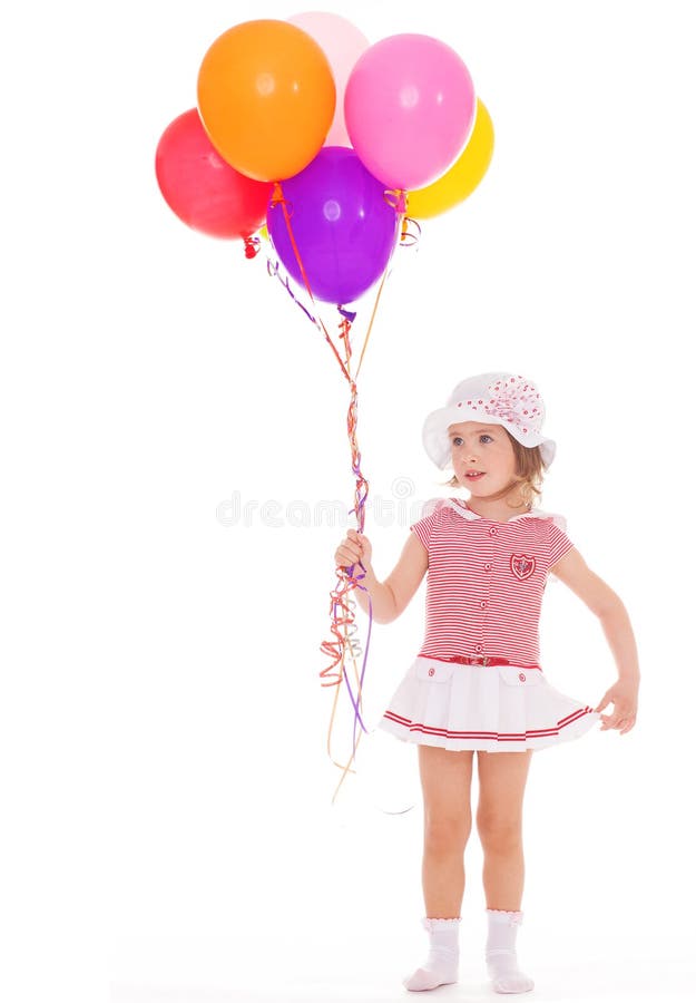 Summer holidays, celebration, family, children and people. girl with colorful balloons.Isolated on white background. Summer holidays, celebration, family, children and people. girl with colorful balloons.Isolated on white background.