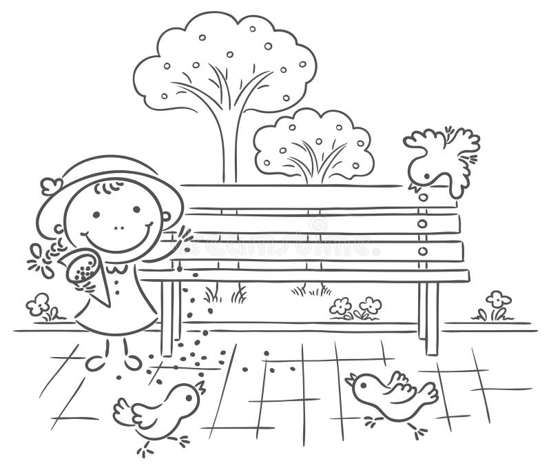 Dziewczyna żywieniowi wróble w parku ilustracji Dziewczyna żywieniowi wróble w parku ilustracji