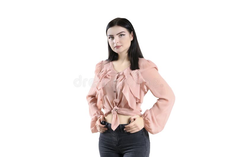 Dziewczyny brunetki caucasian menchii bluzki bluzki cajgi odizolowywający, poważny, zadumany, marzycielski, orientalny piękno, fotografia stock Dziewczyny brunetki caucasian menchii bluzki bluzki cajgi odizolowywający, poważny, zadumany, marzycielski, orientalny piękno, fotografia stock