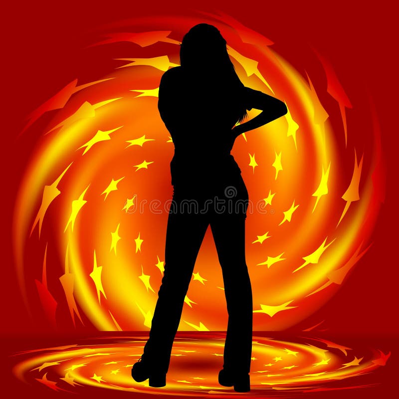 Girl and fire twirl - illustration with fiery effects and silhouette. Girl and fire twirl - illustration with fiery effects and silhouette