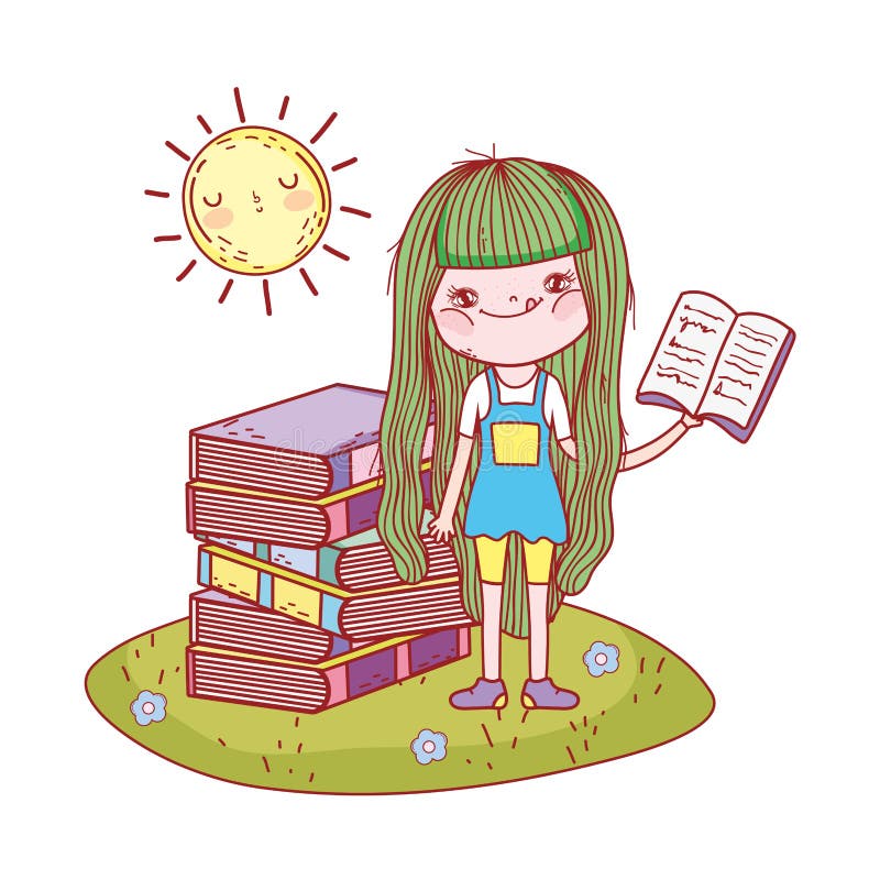 Dziewczyny czytelnicza książka z słońca kawaii w polu ilustracja wektor Dziewczyny czytelnicza książka z słońca kawaii w polu ilustracja wektor