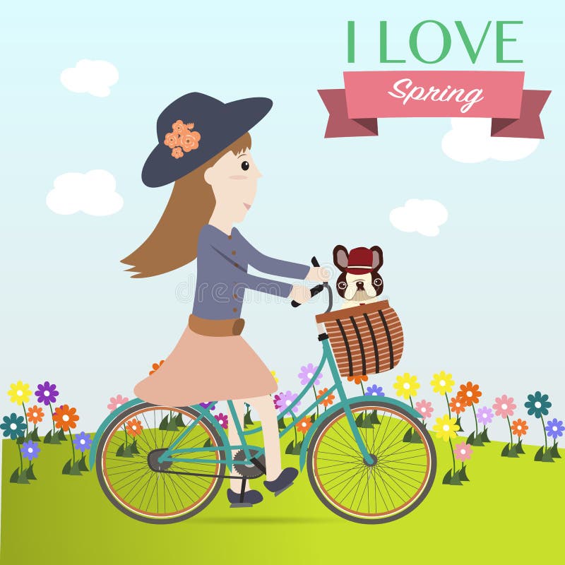 Dziewczyny kolarstwa bicykl na wiosna czasie ilustracja wektor Dziewczyny kolarstwa bicykl na wiosna czasie ilustracja wektor