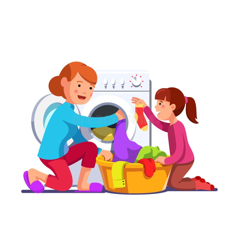 Dziewczyny pomocy mum ładownicza pralnia pralka ilustracji Dziewczyny pomocy mum ładownicza pralnia pralka ilustracji
