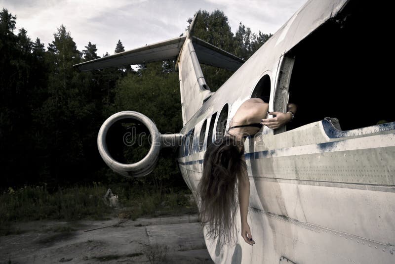 Girls in the ruined airplane. Girls in the ruined airplane