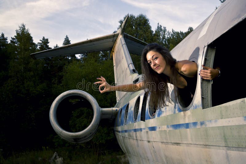 Girls in the ruined airplane. Girls in the ruined airplane