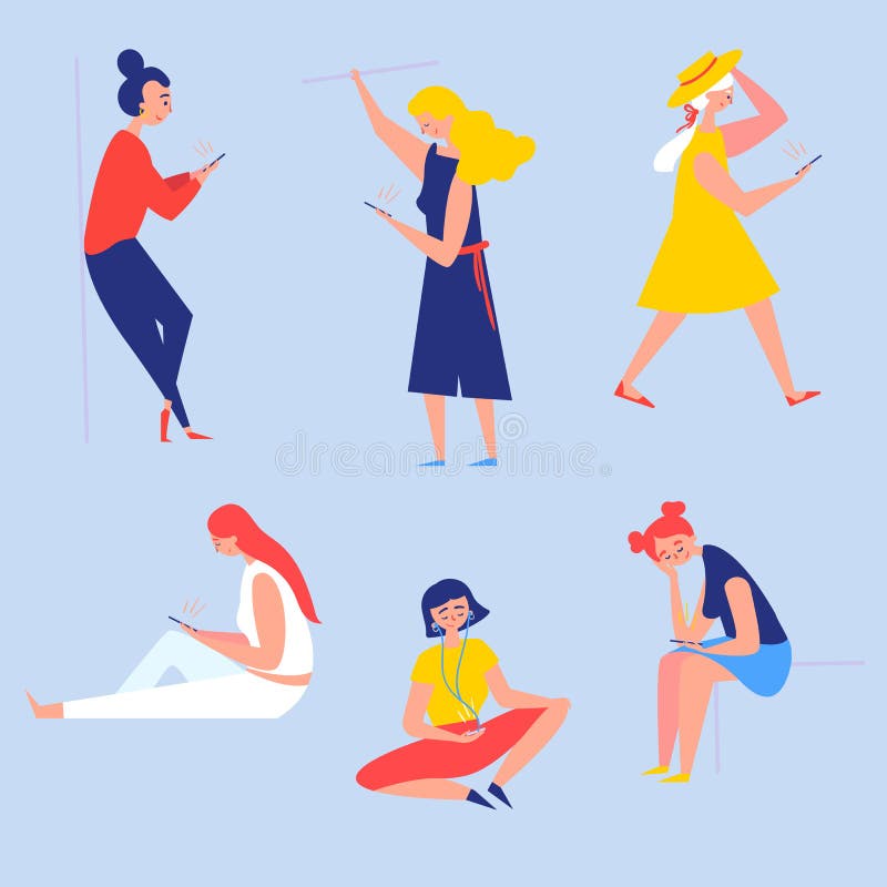 Dziewczyny z smartphones Czytający, słuchający muzykę ilustracji Dziewczyny z smartphones Czytający, słuchający muzykę ilustracji