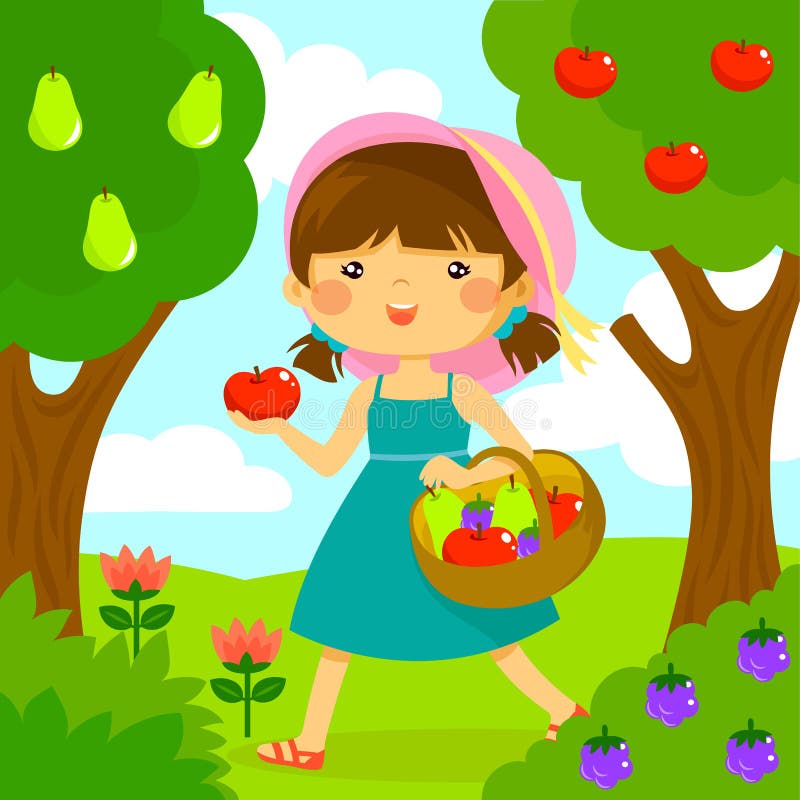 Cute little girl picking fruit from the trees. Cute little girl picking fruit from the trees