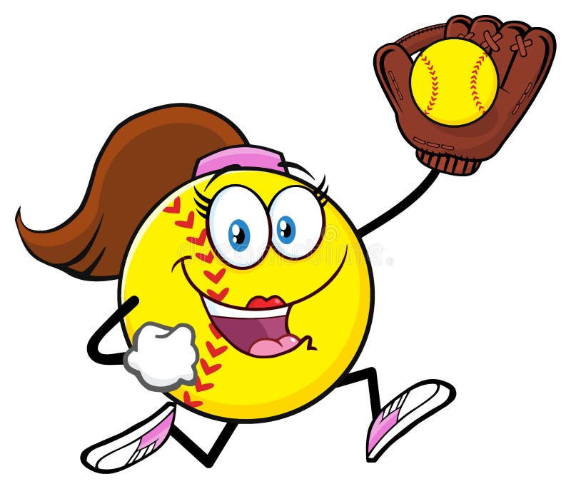 Dziewczęca postać z kreskówki softball biegnąca z rękawicą i piłką royalty ilustracja