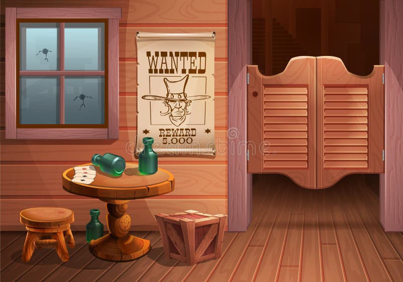 Dzika zachodnia tło scena - drzwi bar, stół z i inskrypcja, krzesłem i plakatem z kowbojską twarzą chce