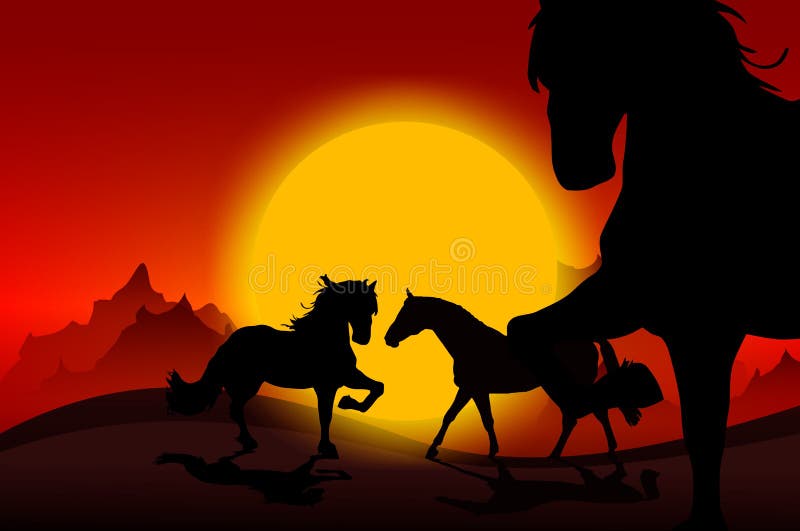 Wild Mustangs Sunset. Wild Horses in Sunset Abstract Illustration. Wild Mustangs Sunset. Wild Horses in Sunset Abstract Illustration.