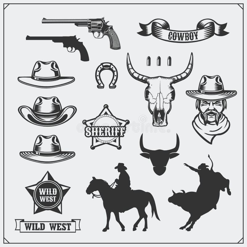 Dziki zachodni Ustawiający roczników emblematy, ikony i projektów elementy rodeo, szeryfa i kowboja, royalty ilustracja Dziki zachodni Ustawiający roczników emblematy, ikony i projektów elementy rodeo, szeryfa i kowboja, royalty ilustracja