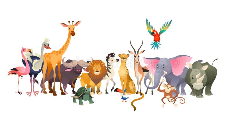 Dzikich zwierząt Safari przyrody Africa lwa zebry słonia nosorożec żyrafy szczęśliwego zwierzęcego papuziego strusiego flaminga ś royalty ilustracja