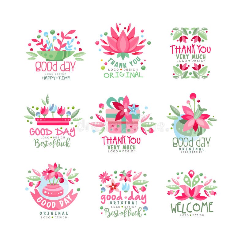 Dziękuje Ciebie, dobry dzień, Mile widziany logo projekta set, karta, sztandar, zaproszenie z literowaniem, kolorowa etykietka z royalty ilustracja Dziękuje Ciebie, dobry dzień, Mile widziany logo projekta set, karta, sztandar, zaproszenie z literowaniem, kolorowa etykietka z royalty ilustracja