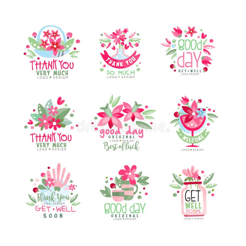 Dziękuje Ciebie, Dostaje Dobrze logo projekta set, dobry dzień, wakacje karta, sztandar, zaproszenie z literowaniem, kolorowa ety ilustracja wektor Dziękuje Ciebie, Dostaje Dobrze logo projekta set, dobry dzień, wakacje karta, sztandar, zaproszenie z literowaniem, kolorowa ety ilustracja wektor