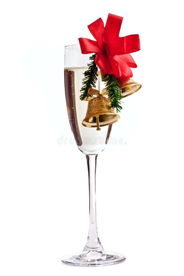 Single champagne glass decorated with Christmas bells isolated on white. Single champagne glass decorated with Christmas bells isolated on white