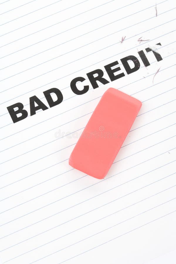 Eraser and word bad credit, concept of making change. Eraser and word bad credit, concept of making change