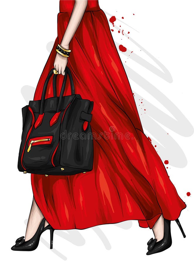 Długa kobieta iść na piechotę w pięknej spódnicie heeled butach i Elegancka torba Moda, styl, odzież i akcesoria, royalty ilustracja Długa kobieta iść na piechotę w pięknej spódnicie heeled butach i Elegancka torba Moda, styl, odzież i akcesoria, royalty ilustracja