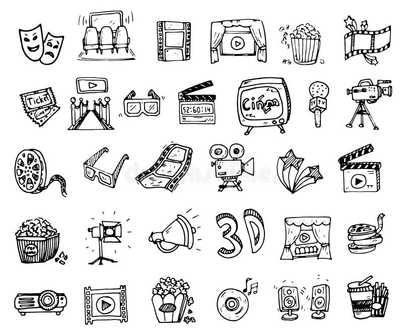 Dé el cine exhausto y el icono fijado los artes del garabato del entretenimiento Mano d ilustración del vector Dé el cine exhausto y el icono fijado los artes del garabato del entretenimiento Mano d ilustración del vector