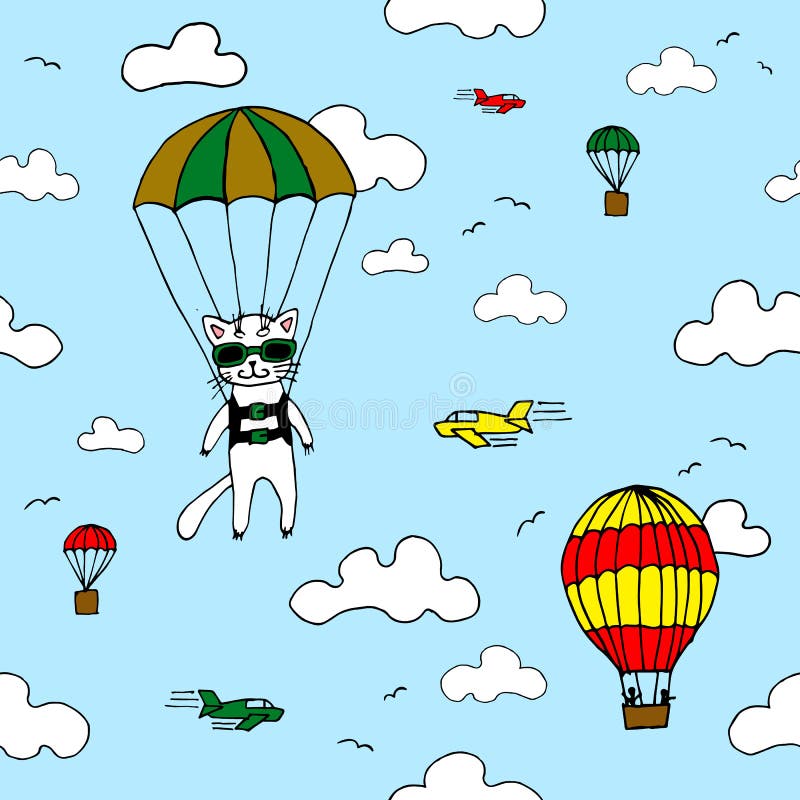 Dé el modelo inconsútil exhausto del vector con el gato del skydiver, el baloon del aire, los aviones y las nubes Concepto de dis libre illustration Dé el modelo inconsútil exhausto del vector con el gato del skydiver, el baloon del aire, los aviones y las nubes Concepto de dis libre illustration