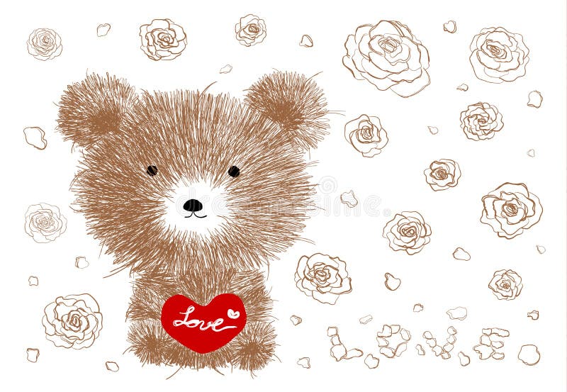 Dé el oso de peluche exhausto que sostiene el corazón rojo y las flores color de rosa libre illustration Dé el oso de peluche exhausto que sostiene el corazón rojo y las flores color de rosa libre illustration