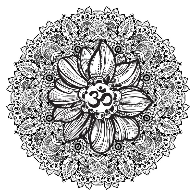 Dé el símbolo exhausto del ohmio, muestra espiritual OM de Diwali del indio Flor de Lotus y mandala adornada alrededor Alto ejemp libre illustration Dé el símbolo exhausto del ohmio, muestra espiritual OM de Diwali del indio Flor de Lotus y mandala adornada alrededor Alto ejemp libre illustration