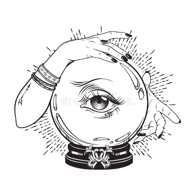 Dé la bola de cristal mágica exhausta con el ojo de la providencia en manos del adivino Línea elegante velo p del tatuaje de Boho