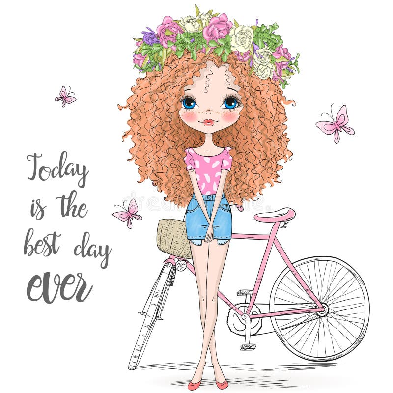 Dé la muchacha hermosa, linda exhausta del pelo rizado en soportes de una guirnalda cerca de la bicicleta ilustración del vector