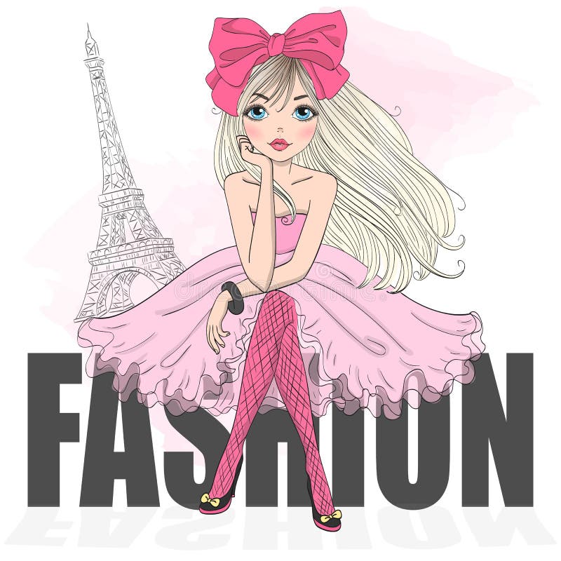 Dé la muchacha linda hermosa exhausta de la historieta en fondo con la torre Eiffel libre illustration Dé la muchacha linda hermosa exhausta de la historieta en fondo con la torre Eiffel libre illustration