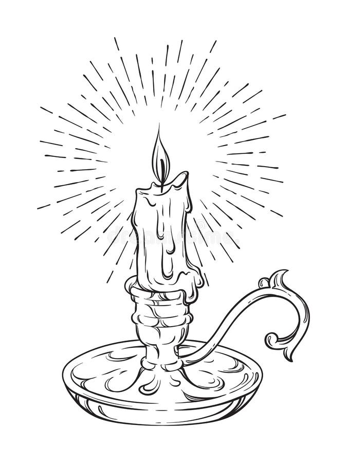 Dé la vela ardiente exhausta en palmatoria del vintage con los rayos del ejemplo del vector de la luz stock de ilustración