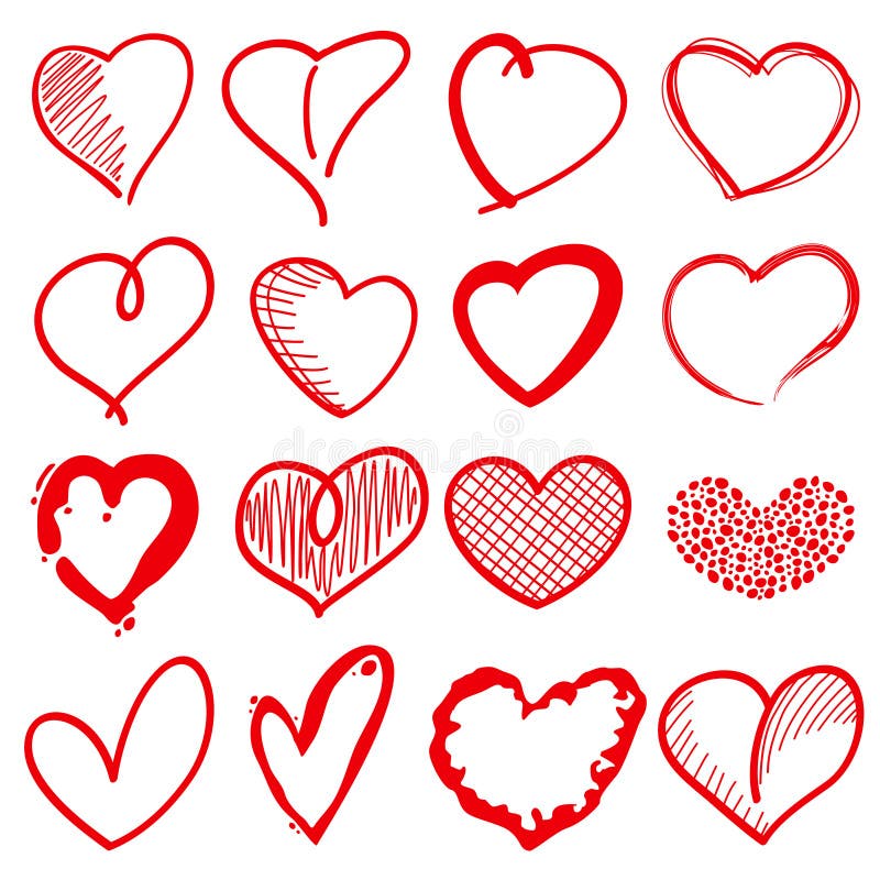 Hand drawn heart shapes, romance love doodle vector signs for holiday decor. Red sketch hearts, illustration of decoration love heart. Hand drawn heart shapes, romance love doodle vector signs for holiday decor. Red sketch hearts, illustration of decoration love heart