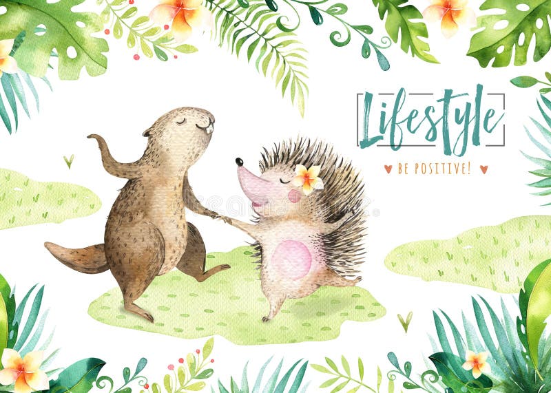 Dé los animales exhaustos del baile del castor y del erizo de la acuarela Ejemplos de Boho, árbol de la selva, arte de moda del B libre illustration
