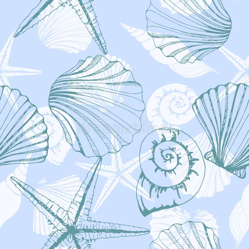 Dé los ejemplos exhaustos - modelo inconsútil de conchas marinas Fondo marina Modelo del vector ilustración del vector Dé los ejemplos exhaustos - modelo inconsútil de conchas marinas Fondo marina Modelo del vector ilustración del vector