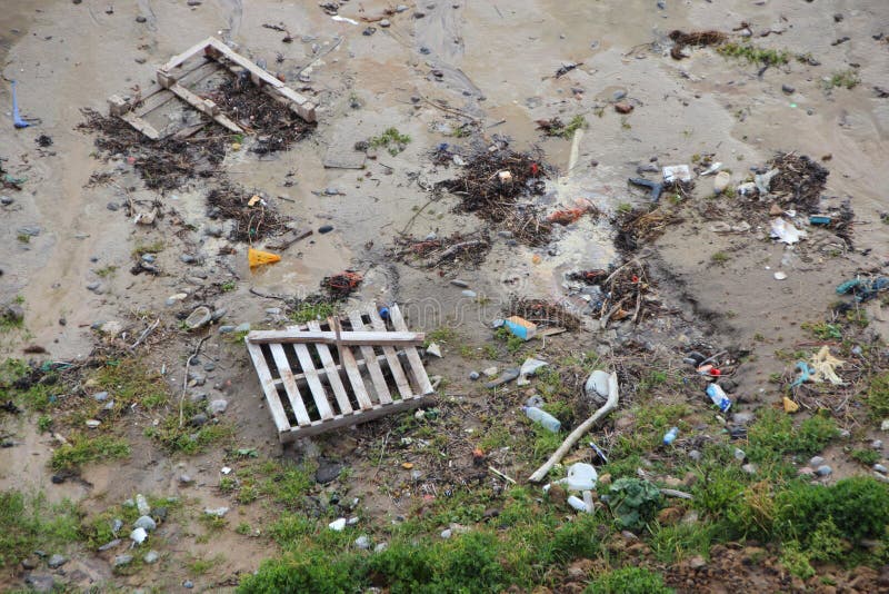 Déchets échoués sur la plage après tempête dans la perspective image stock Déchets échoués sur la plage après tempête dans la perspective image stock