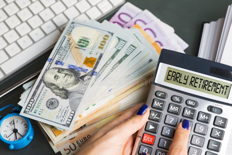 Early retirement decision with stack of money on the table near calculator and alarm clock. Early retirement decision with stack of money on the table near calculator and alarm clock