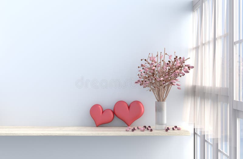 Décor blanc gris de salon avec deux coeurs pour le Saint Valentin photographie stock Décor blanc gris de salon avec deux coeurs pour le Saint Valentin photographie stock