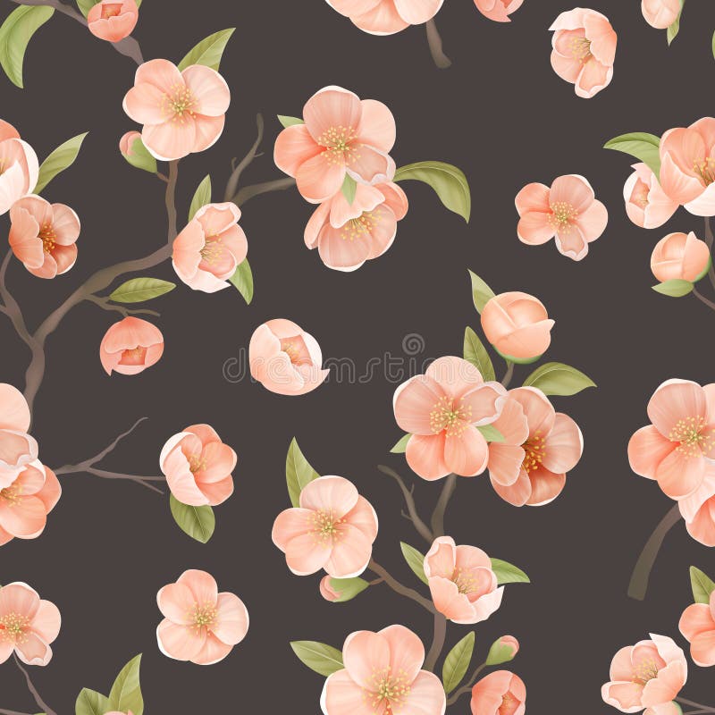 Blooming Sakura Decor for Fabric Art. Cherry Flower Seamless Pattern with Blossoms and Leaves on Brown Color Background. Wallpaper or Wrapping Paper Decoration, Textile Ornament. Vector Illustration. Blooming Sakura Decor for Fabric Art. Cherry Flower Seamless Pattern with Blossoms and Leaves on Brown Color Background. Wallpaper or Wrapping Paper Decoration, Textile Ornament. Vector Illustration