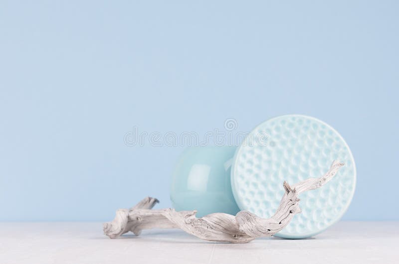 Décor de maison de mode dans le style japonais élégant moderne - vase en céramique bleu mou léger, cuvette et vieille branche min photographie stock libre de droits Décor de maison de mode dans le style japonais élégant moderne - vase en céramique bleu mou léger, cuvette et vieille branche min photographie stock libre de droits