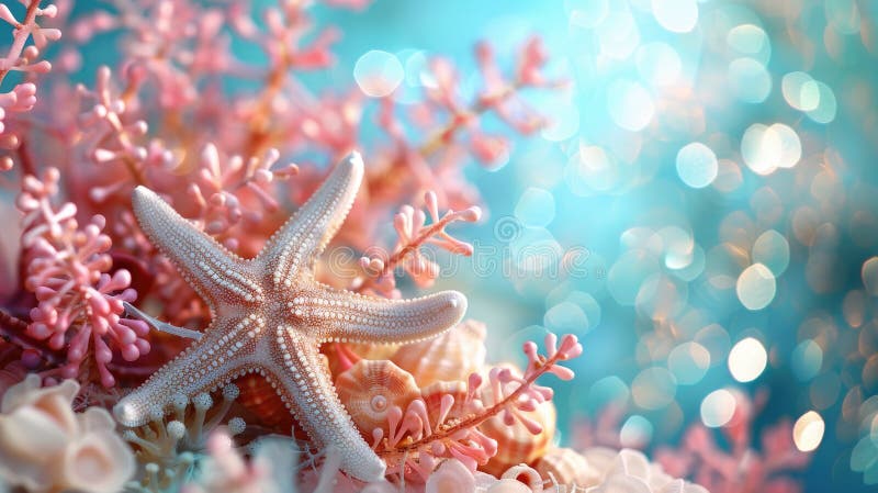 An enchanting under-the-sea background, spotlighting a starfish among vibrant corals with a gentle bokeh effect. An enchanting under-the-sea background, spotlighting a starfish among vibrant corals with a gentle bokeh effect.