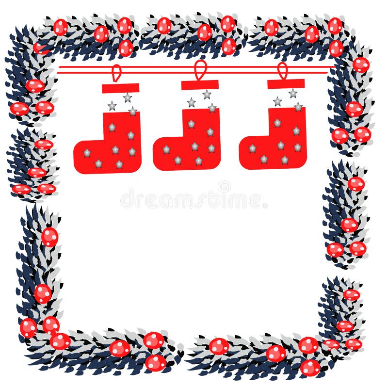 Décoration de Noël avec les branches de pin, chaussettes colorées rayées et ruban, pour la carte de voeux, peints à la main illustration de vecteur Décoration de Noël avec les branches de pin, chaussettes colorées rayées et ruban, pour la carte de voeux, peints à la main illustration de vecteur